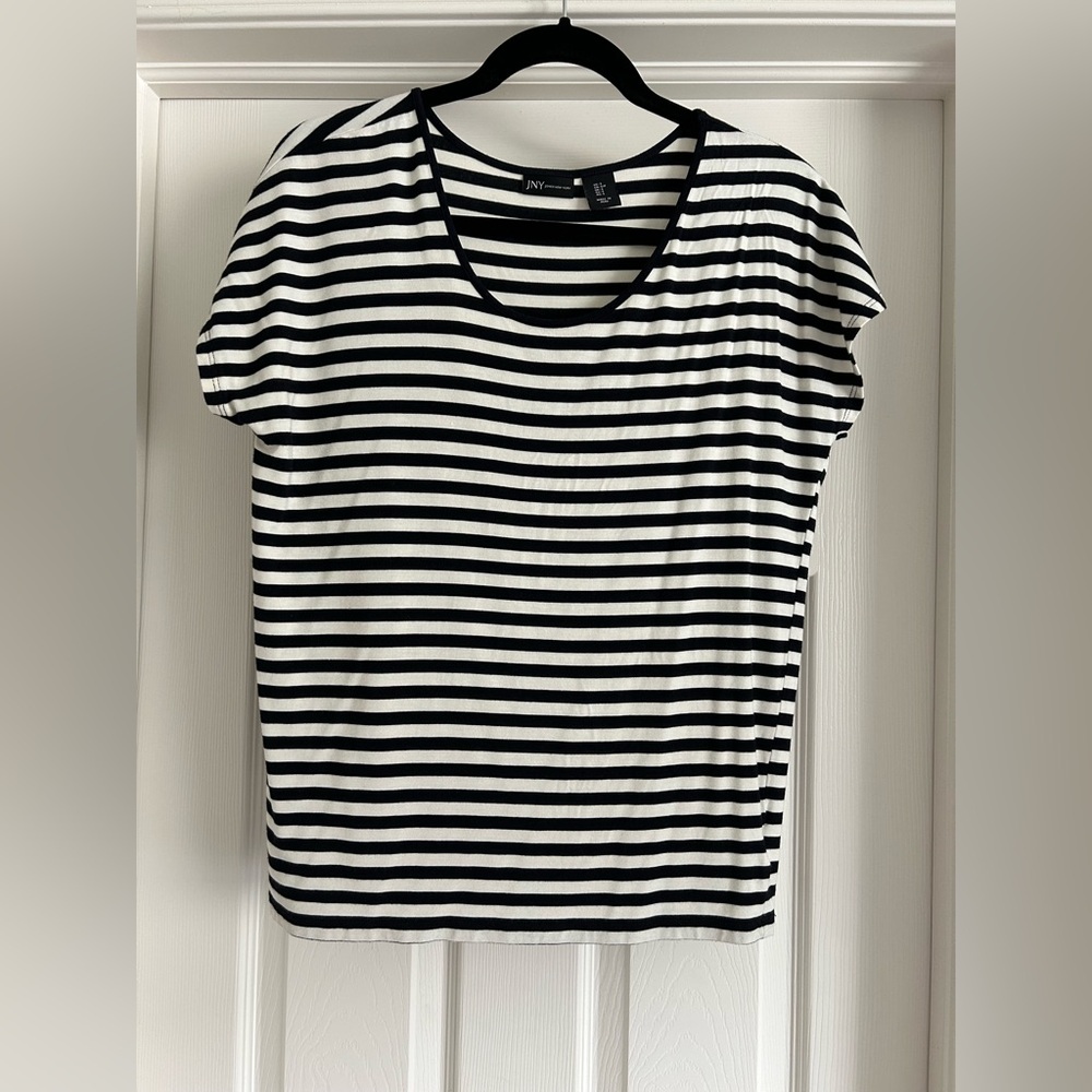 Jones New York Black and White Stripe Short (cap) Sleeve Top
